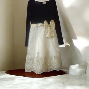 Rare Editions Black Velvet Ivory Gold Communion Church Wedding Velvet Dress